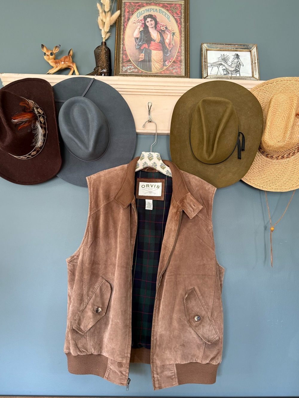 Orvis unisex Brown genuine Suede Vest with Plaid Lining Sz large